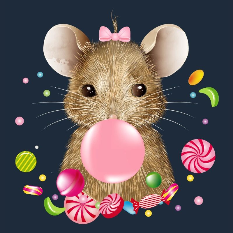 cute mouse with pink chewing gum and candy