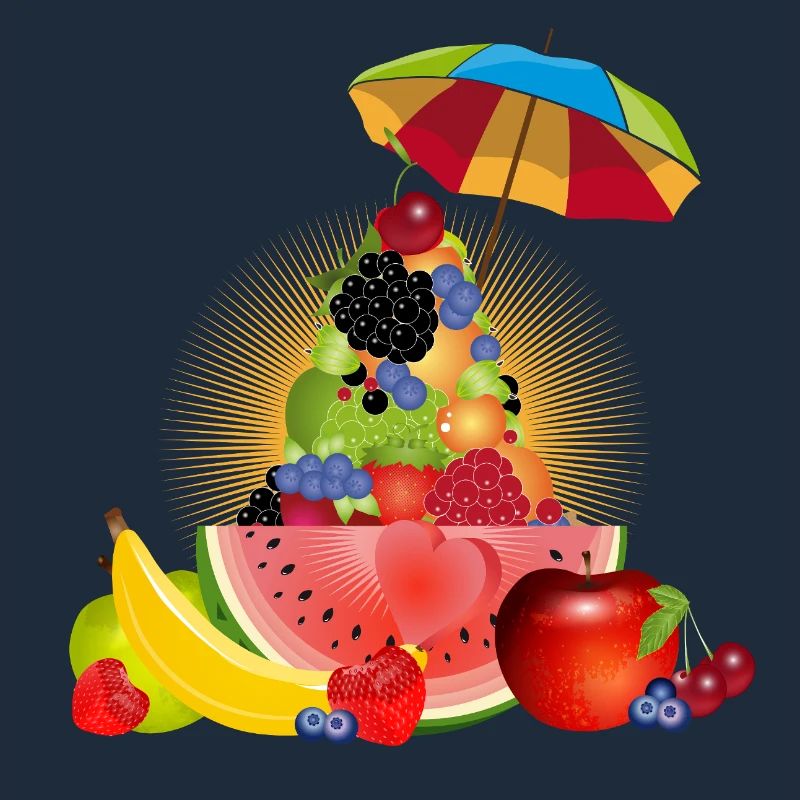 Pyramide de fruits colorée avec pastèque et parapluie