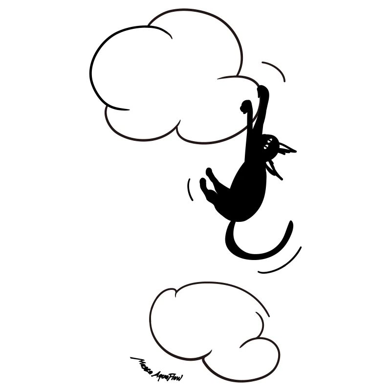 Schwarze Katze hängt an einer Wolke.