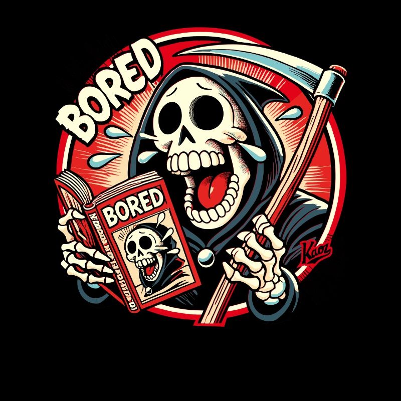 Lachender Sensenmann liest ein Cartoon-Magazin