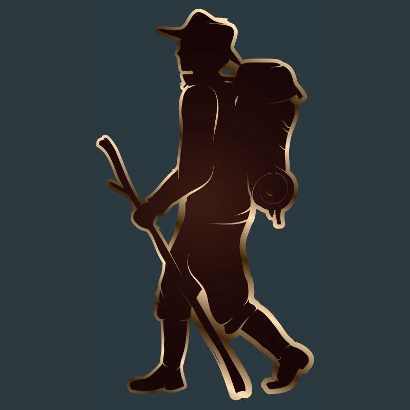 Pilgrim or hiker with walking stick & backpack