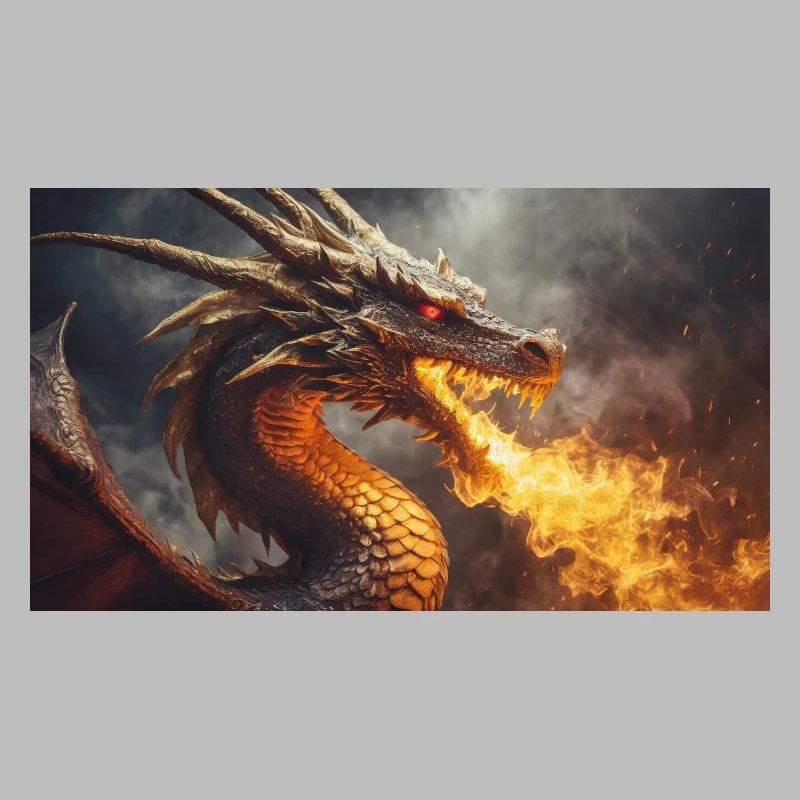 A realistic majestical dark dragon spitting flames