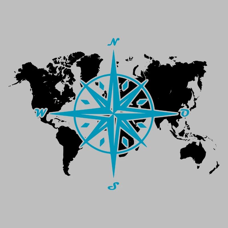 Windrose oder Kompassrose mit schwarzer Weltkarte