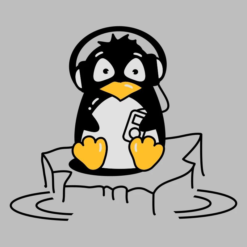 Cooler Pinguin mit Kopfhörern auf Eis