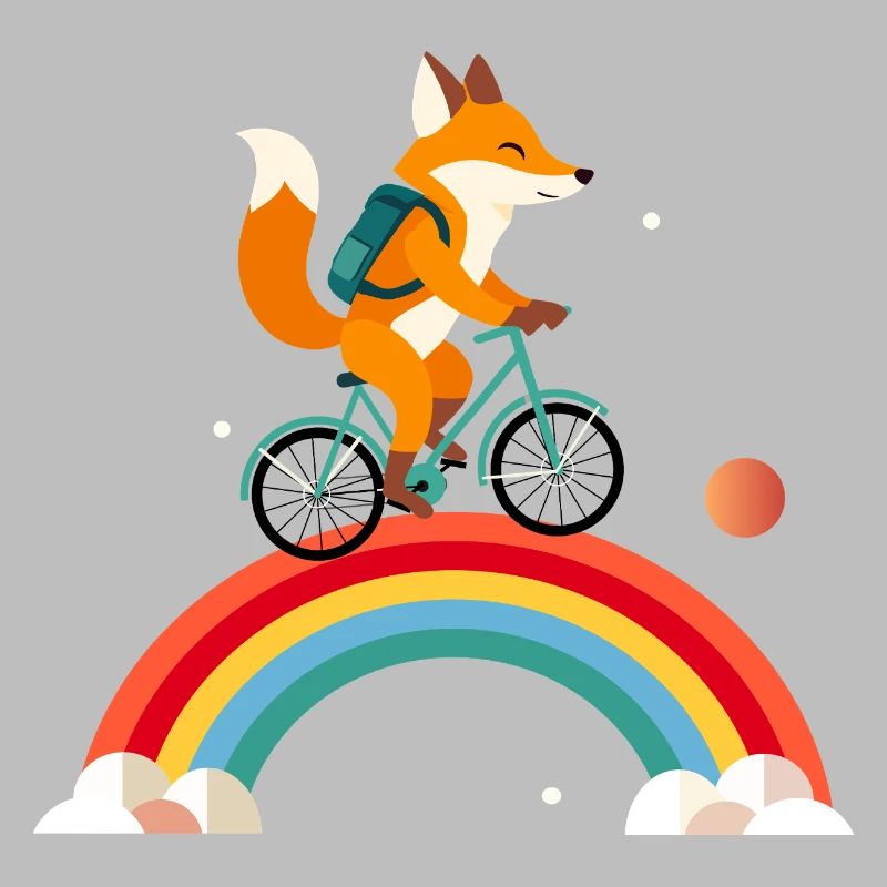 Cheerful fox on bicycle over rainbow