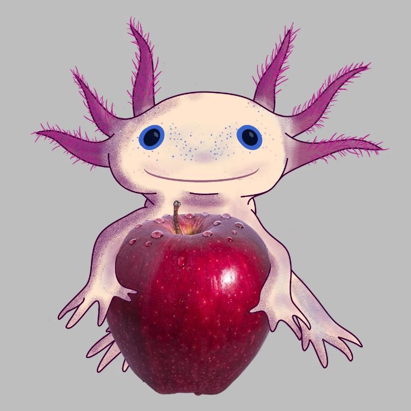Cuddly Axolotl with Apple, Hand Drawn