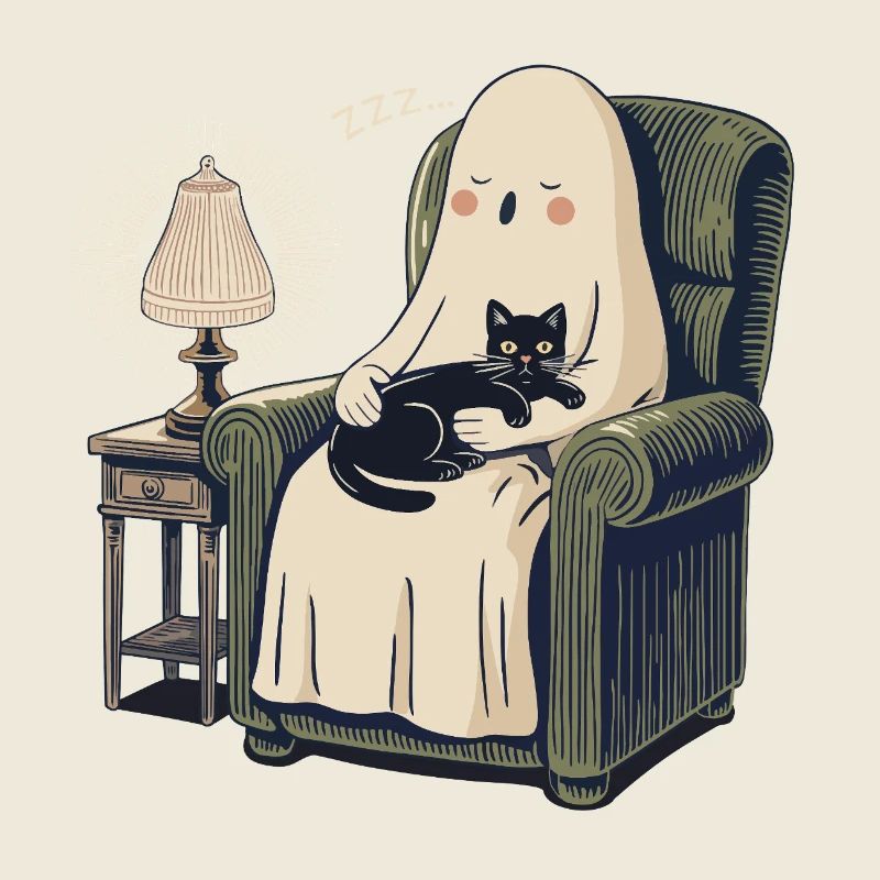 Sleeping Ghost and Cat – Cozy Spooky Black Cat