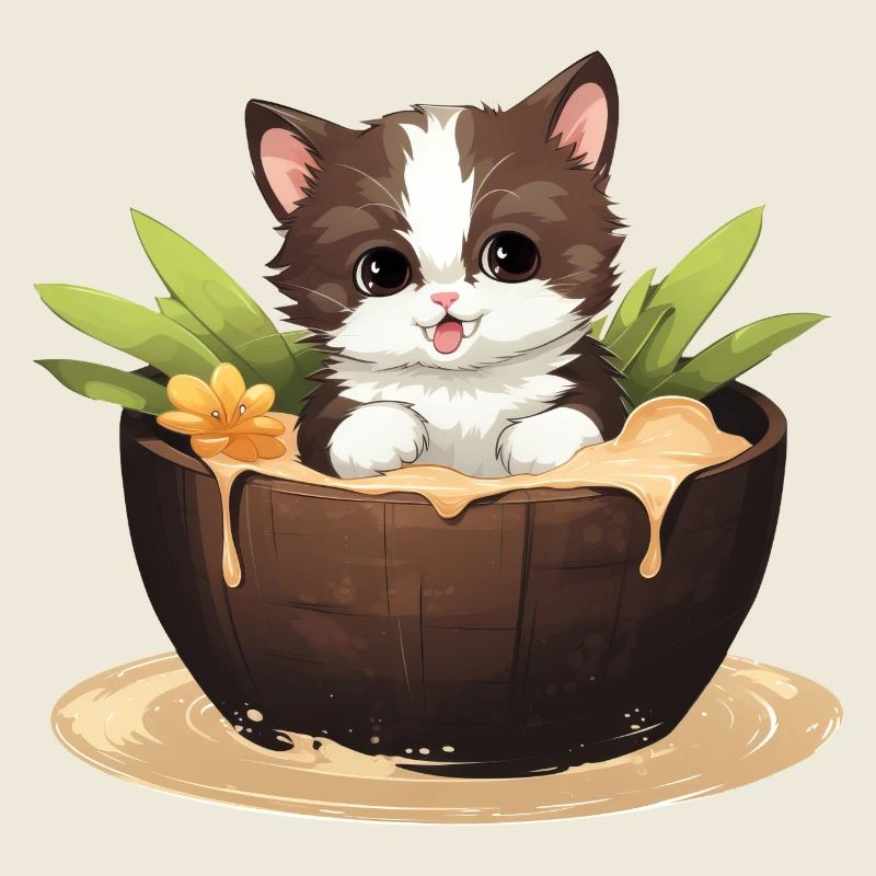 Cat with Coconut, Cute Summer Design