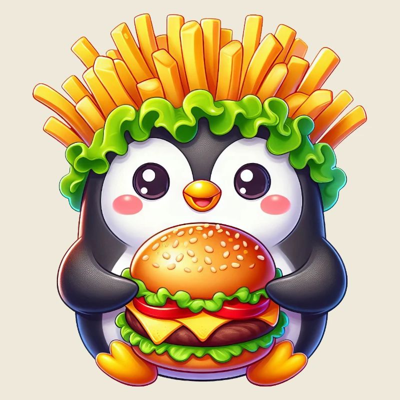 pingouin mignon avec burger frites design de restauration rapide