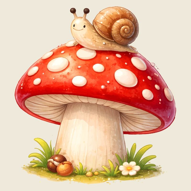 Toadstool with Snail Cute Forest Motif