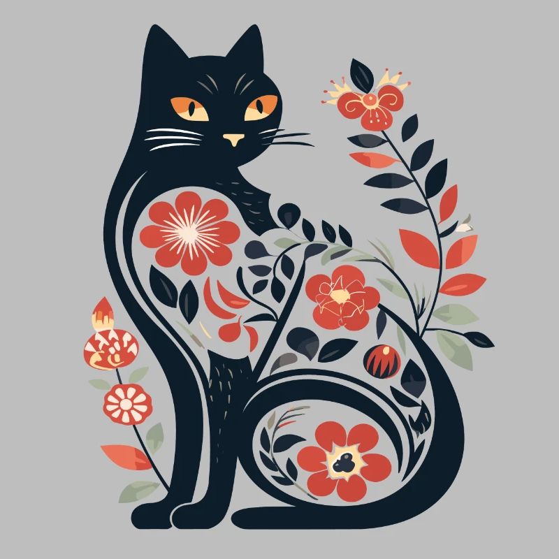 Cat silhouette with floral patterns