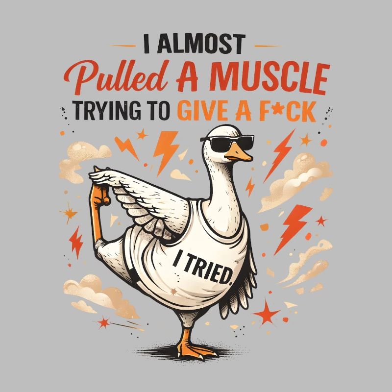 Sarcastic duck with muscle pulling funny goose