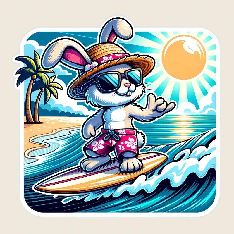 Funny bunny on surfboard in sunshine