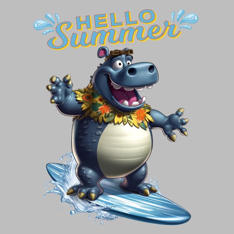 Witziges Nilpferd mit einem Surfbrett - Surfer