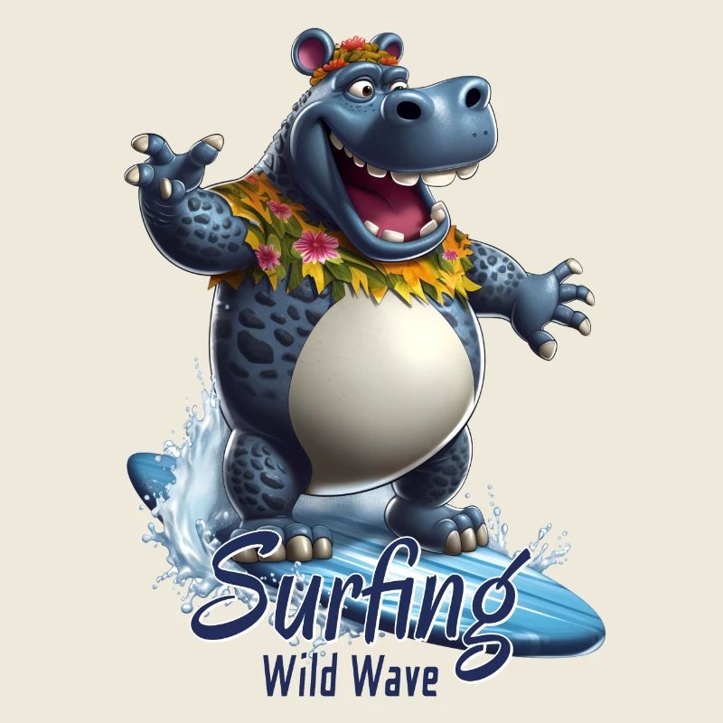 Hippopotame cool avec une planche de surf - surfeur