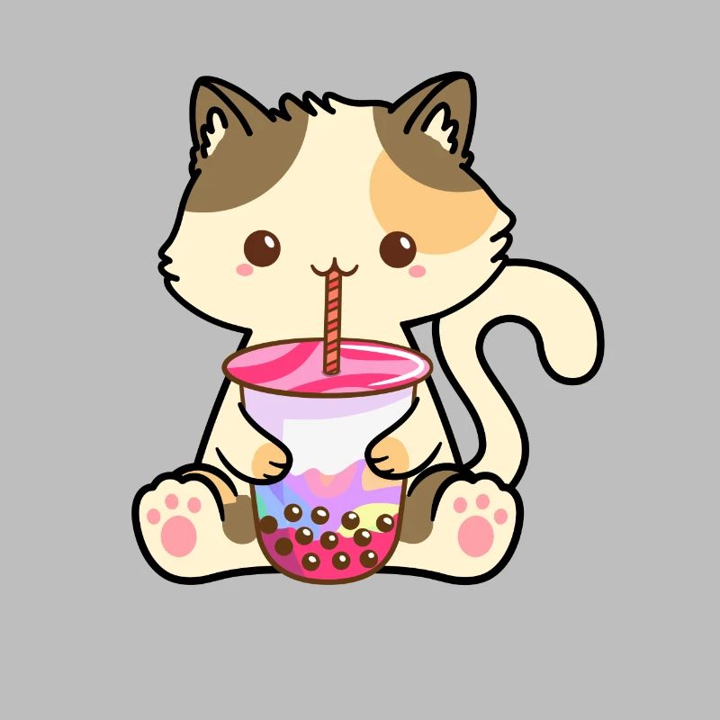 Cute cat kitten drinks Boba Tea Bubble Tea