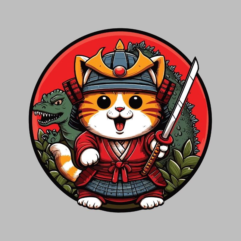 Samurai-Ninja-Katze und Dinosaurier-Monster dahinter