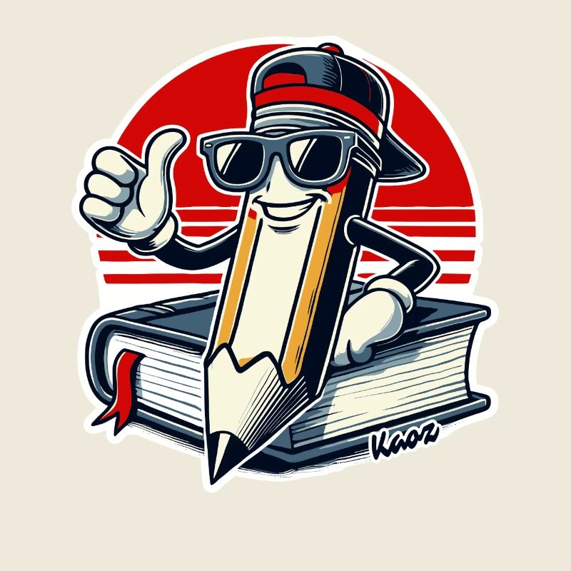 Cooler Bleistift mit Buch und Daumen hoch