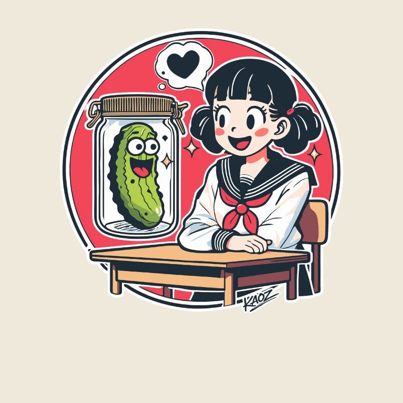 Cornichon Kawaii dans un bocal et écolière à l’école