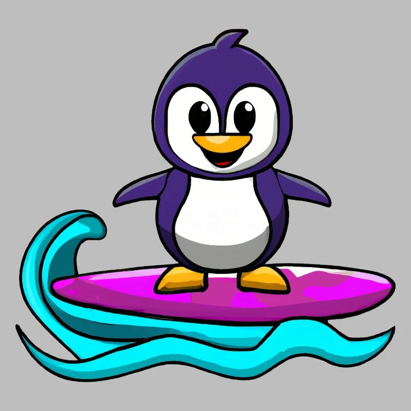 Cute kawaii penguin on surfboard