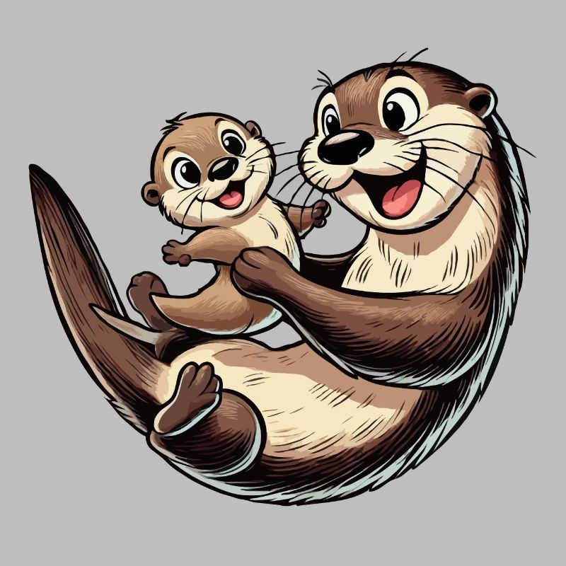 Fischotter-Mutter mit herumtollendem Kind