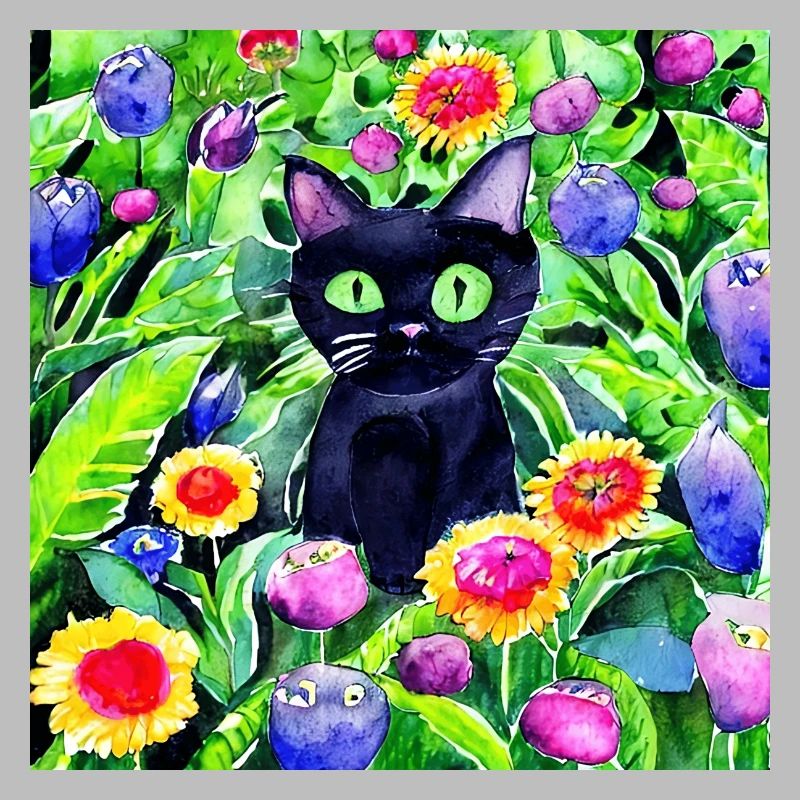 Chat noir assis dans un jardin de fleurs