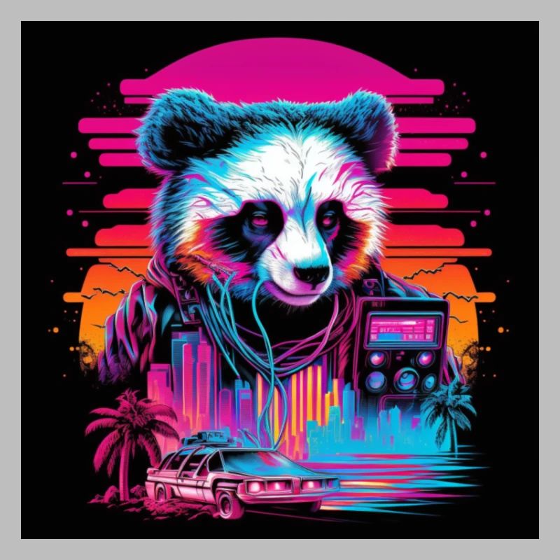 Panda aux couleurs néon, synthwave / 80s