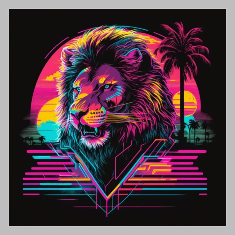 Lion with neon colors, synthwave / 80s