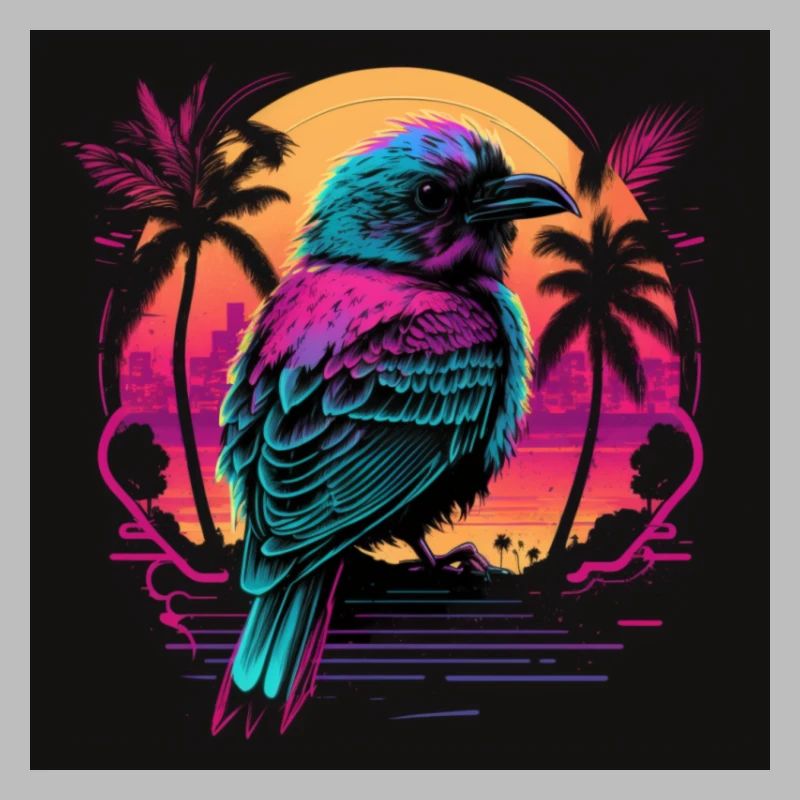 Oiseau aux couleurs néon, synthwave / 80s