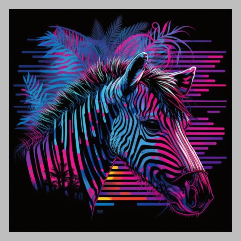 Zebra with neon colors, synthwave / 80s