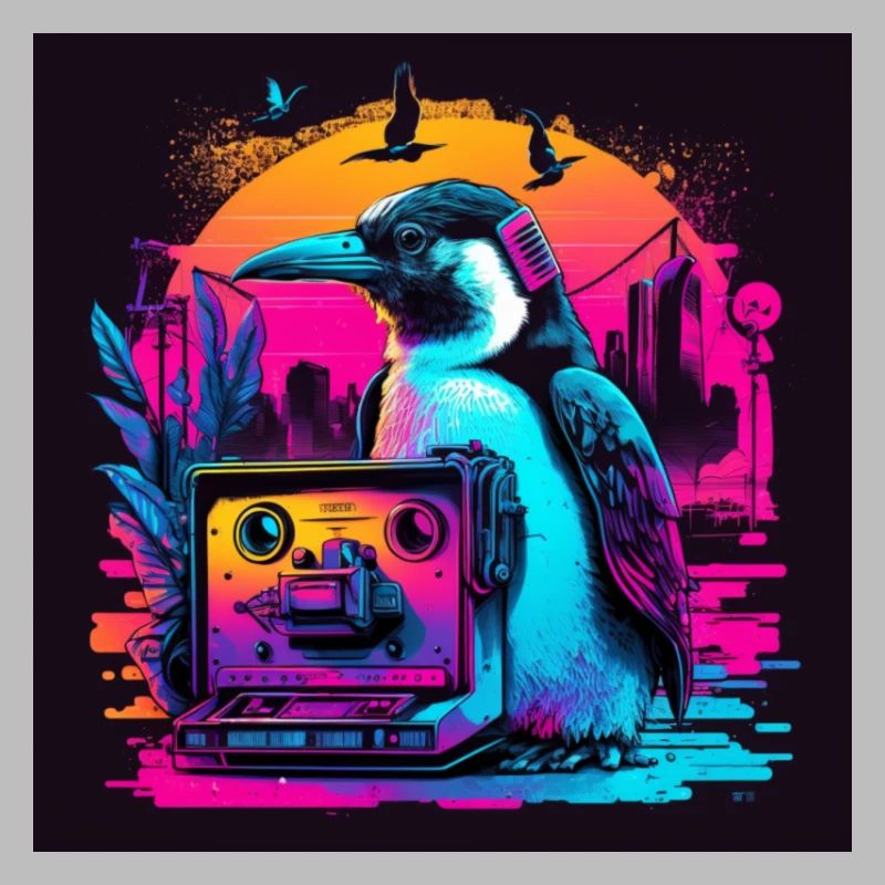 Penguin with neon colors, synthwave / 80s