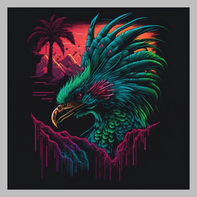Peacock with neon colors, synthwave / 80s