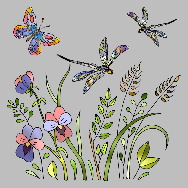 Libellules et papillon