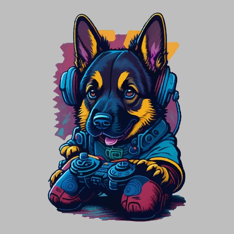 German Shepherd puppy plays with game control