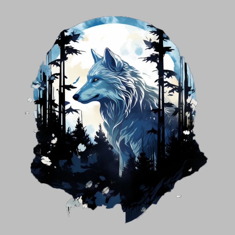 White wolf in the forest under full moon