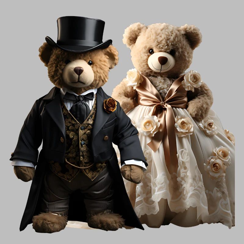 Two happy teddy bears in wedding clothes