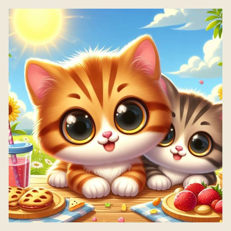 2 Cute summer kittens at the table while eating