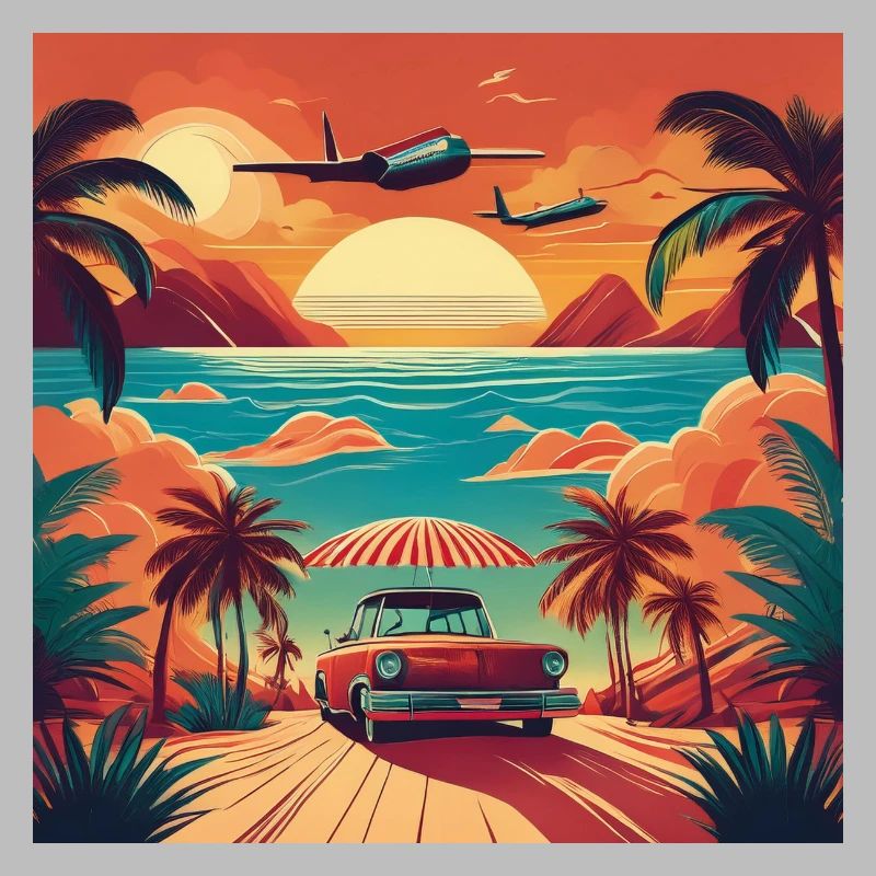 Vintage Beach Sunset with Red Car and Planes