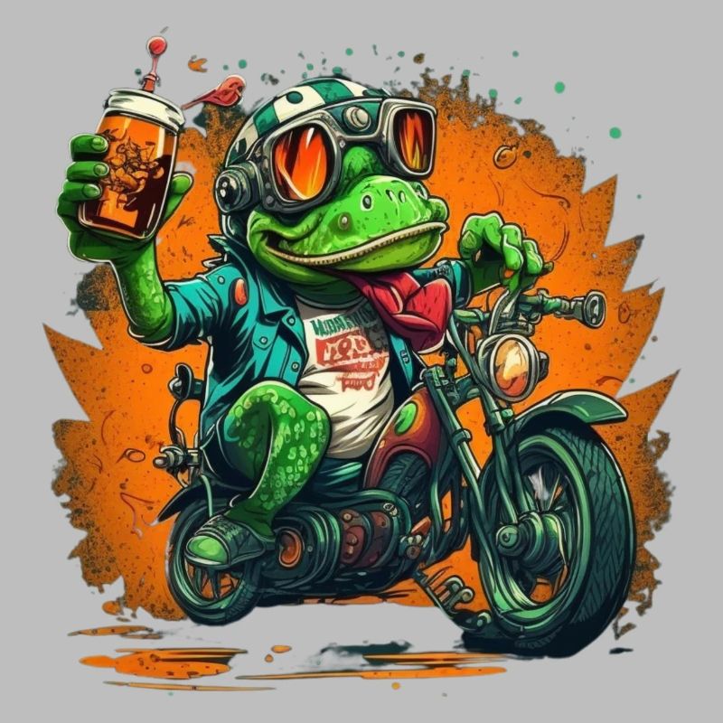 Frosch mit Bier auf Motorrad