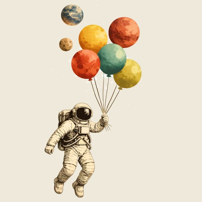 Astronaut with planetary balloons in space