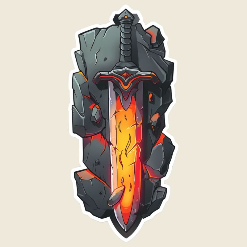 Cartoon Feuerschwert vor einem Felsen RPG GAme