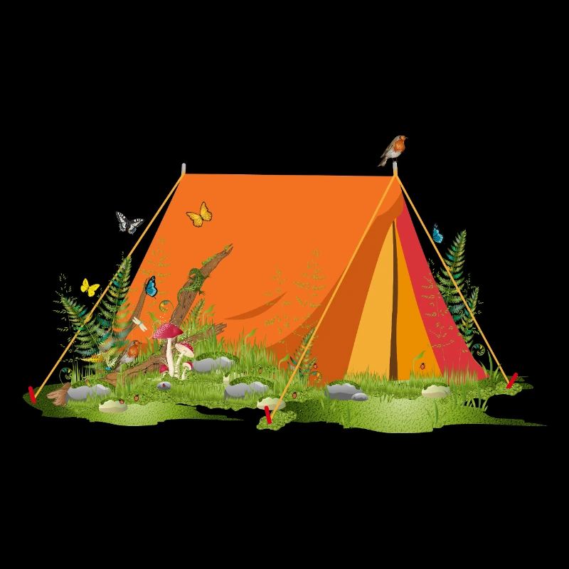 Retro tent in forest landscape with animals & plants