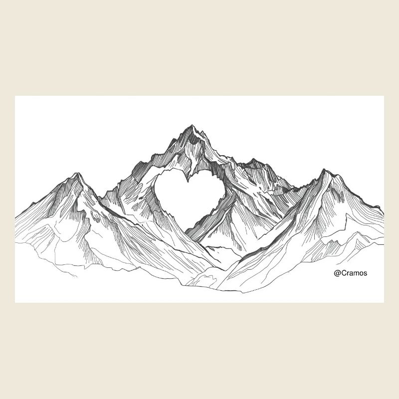Mountains Heart Sketch Black White