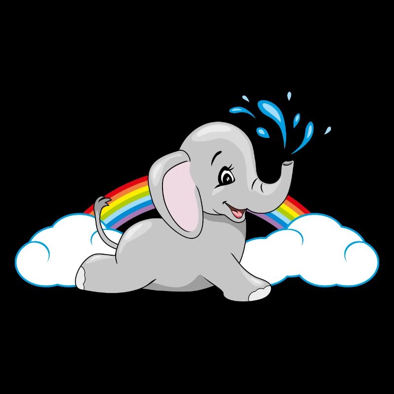 Baby elephant bathing among rainbow and clouds