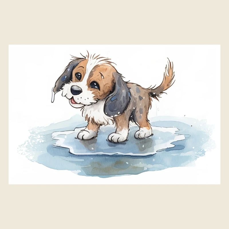 Happy dog playing in a rain puddle