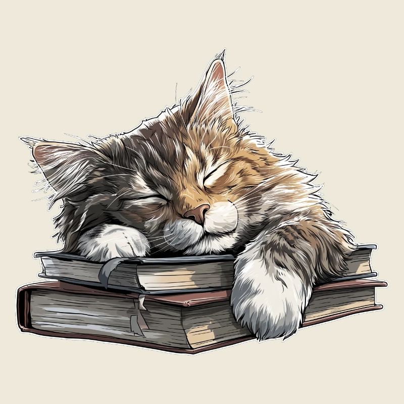Chat mignon dormant sur une pile de livres