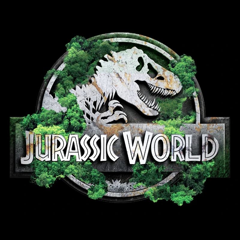 Jurassic World logo with T-Rex and trees