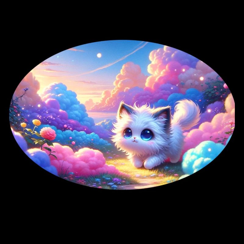 Un chat d’anime mignon dans un jardin de nuages coloré