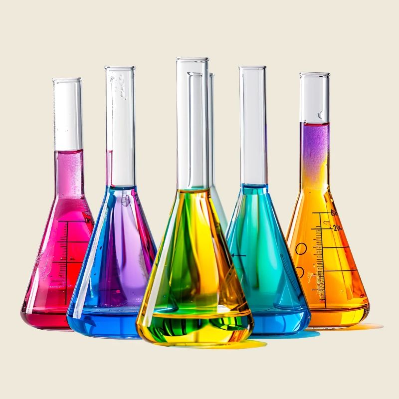 Des flacons de laboratoire colorés dans un jeu de couleurs