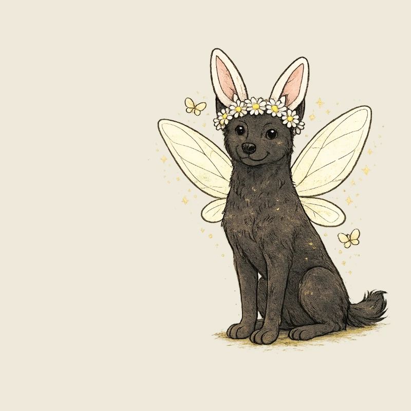 Chien Fée aux Ailes Nuageuses avec couronne de fleurs Aleu Kelpie